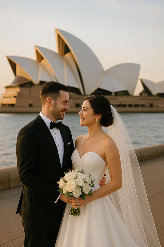 Romantic wedding couple portrait with Sydney skyline in the background