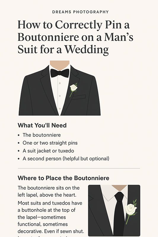 Correct boutonniere placement on lapel