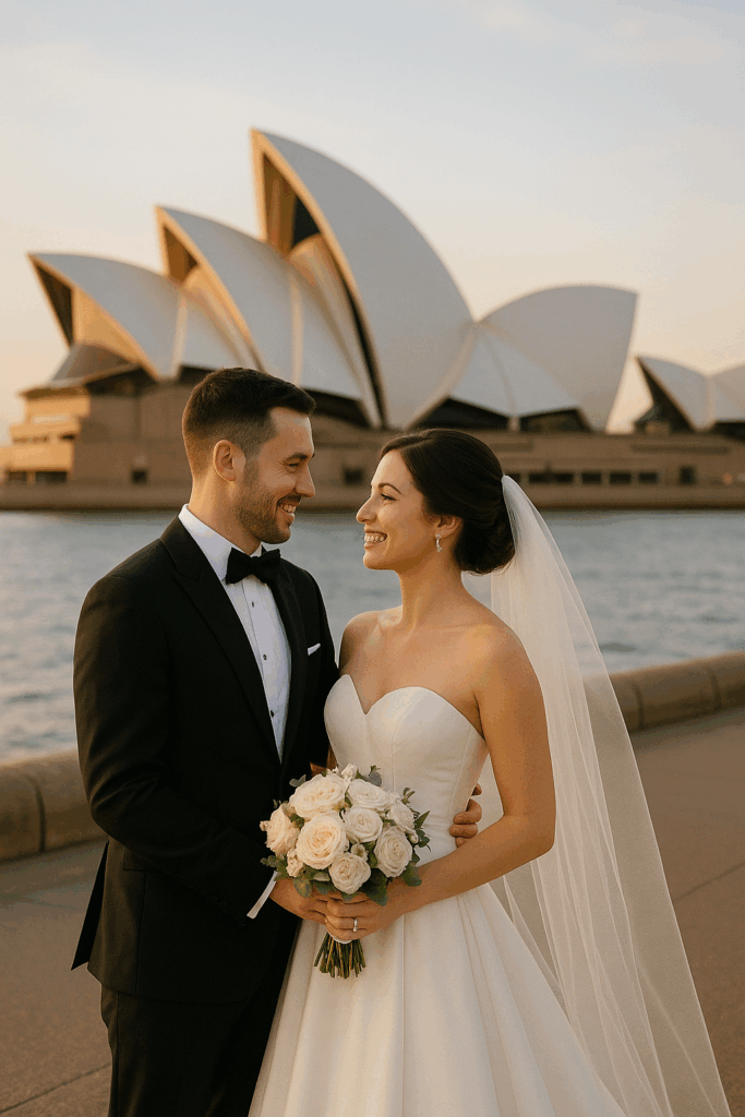 Bride and groom in front of Sydney Opera House